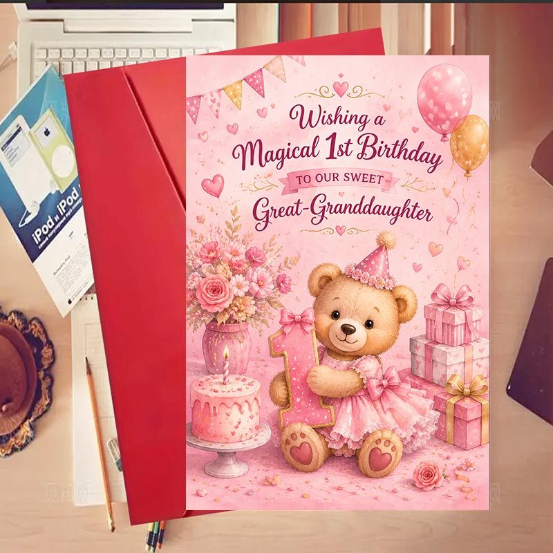 TEMU 1pc Greeting Card And 1pc Envelope. 2d Flat Set Of Magical First Birthday Cards, Gift For Great-granddaughter, Ideal Present For Family