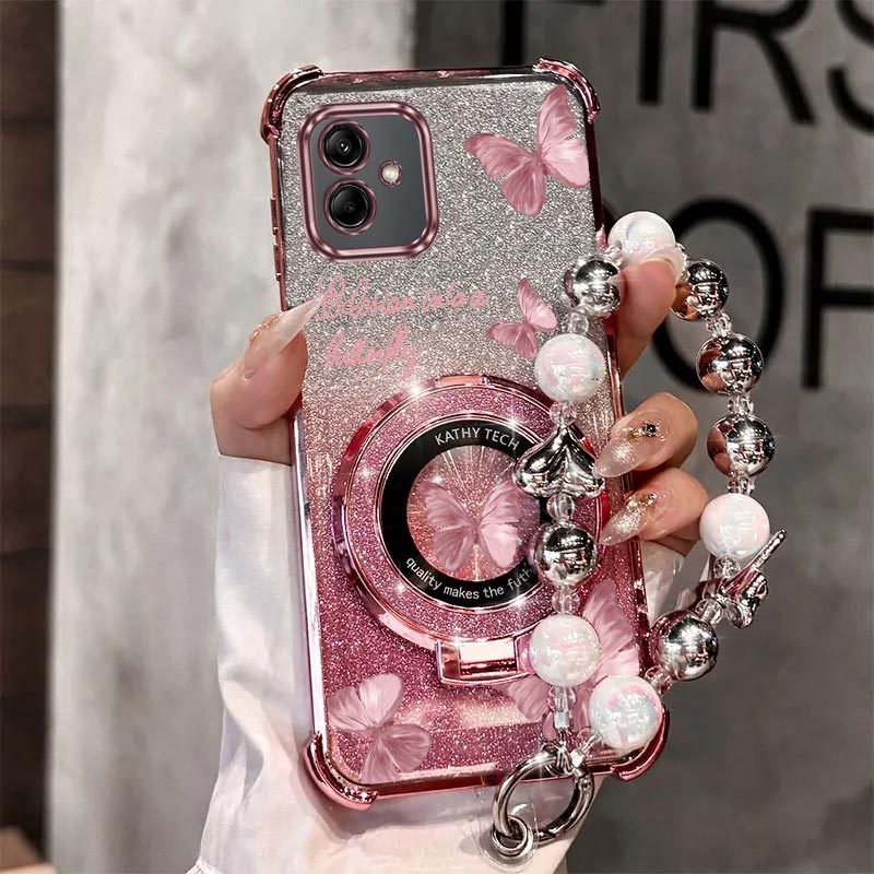 TEMU Luxury Pink Phone Holder Case With Wrist Strap Lanyard, Featuring Magnetic Glitter, Designed For For Galaxy A06. This Mixed Set Includes An