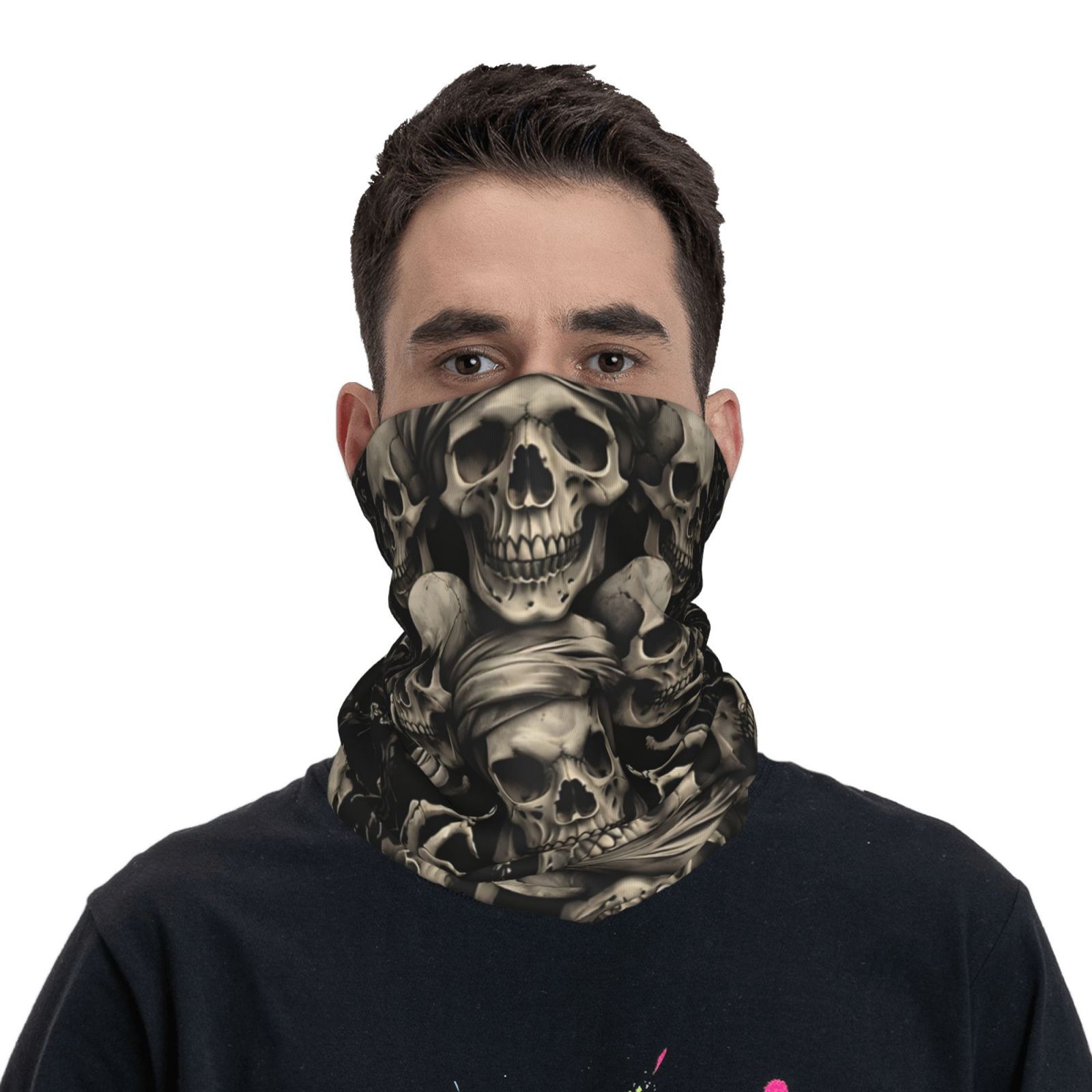 TEMU Breathable Gothic Skull Sunscreen Scarf Neckband - Vintage Black & White Skull Design, Adjustable For Hiking, Hunting, Outdoor Activities -