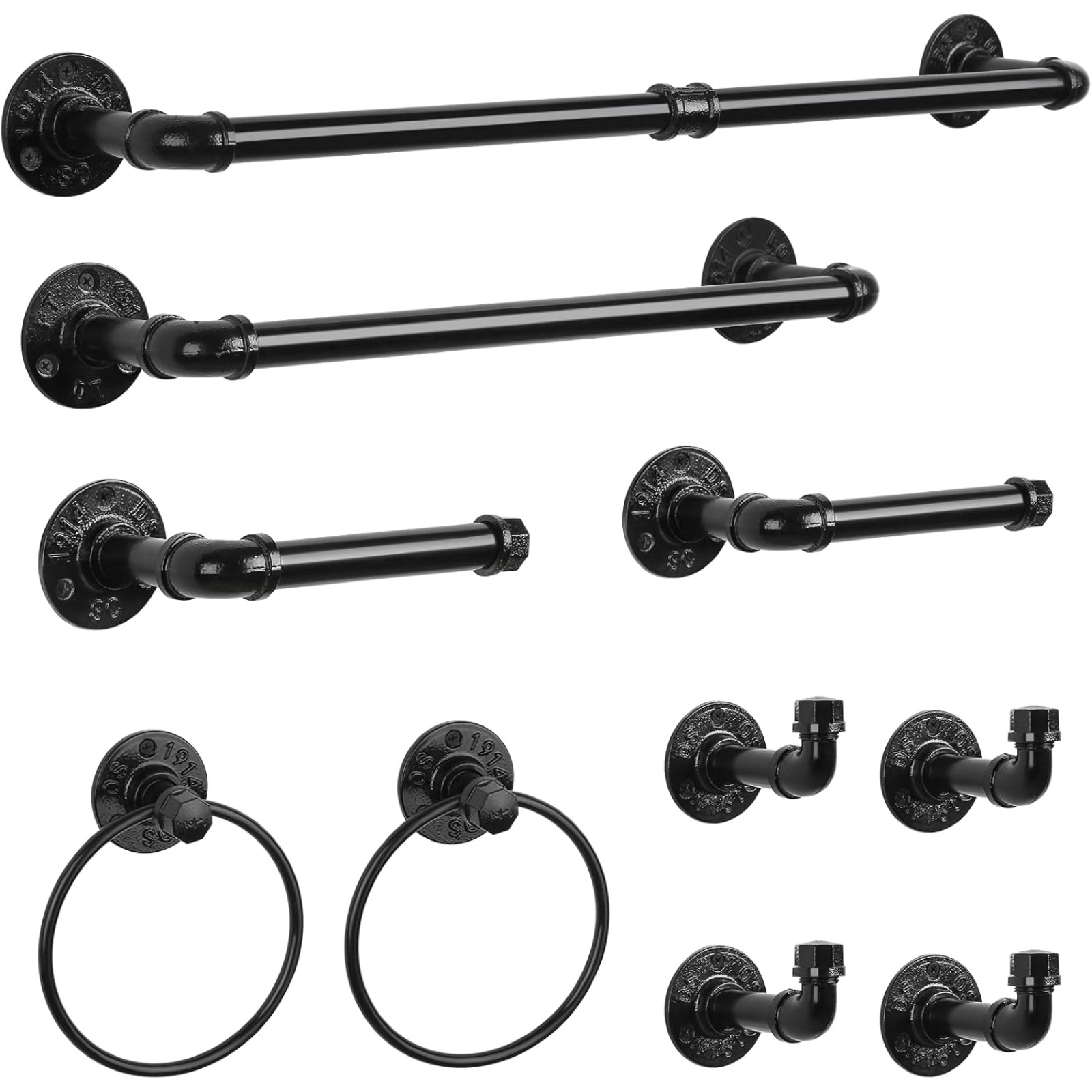 Industrial Bathroom Hardware Set 10pcs Bath Towel Bar Set Includes Ring Hand Toilet Roll Holders For Wall 18 And 25 Inch Towel Rack Robe Towel Hooks Black Bathroom Accessory Towel Kit
