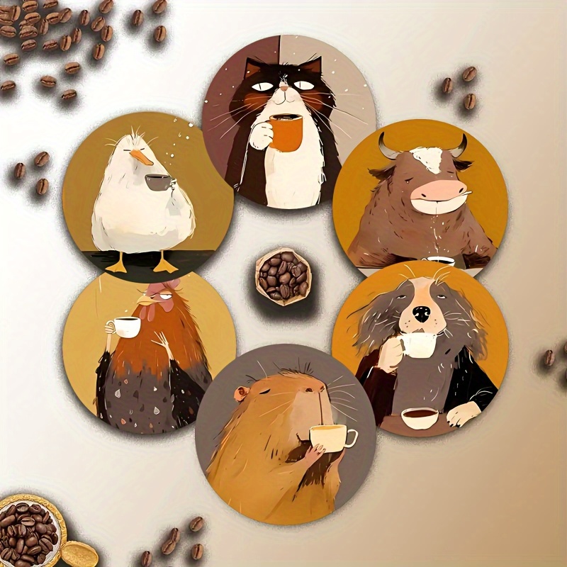 TEMU Wooden Cartoon Animal Coaster Set Of 6, Bright Colors, Heat Resistant Non-slip Design, Suitable For Drinks, Coffee, Office And Table Decoration,
