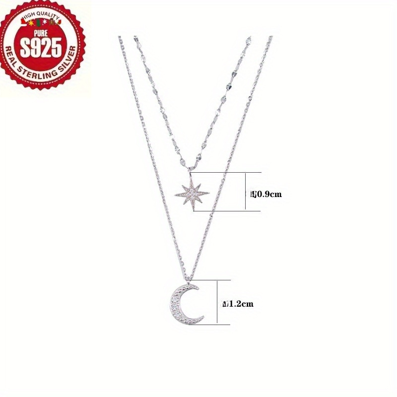 Women's S925 Sterling Silver Starry Moon Double Layered Pendant Necklace