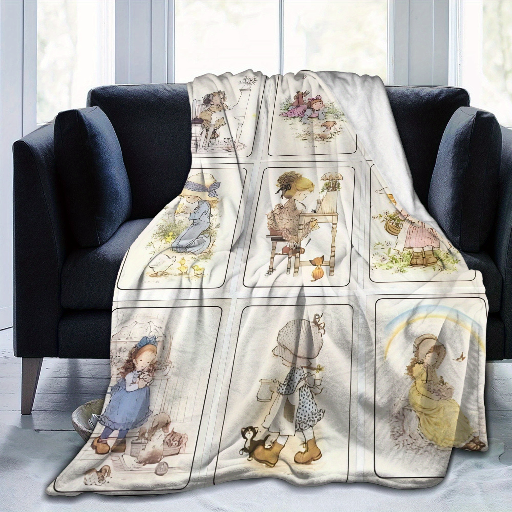 TEMU Ultra-Weiche Anime-Themen Flanelldecke von Holly - Bezaubernde Mischfarben-Illustrationen, Ganzjahres-Kuscheldecke für Wohnzimmer & Reisen,