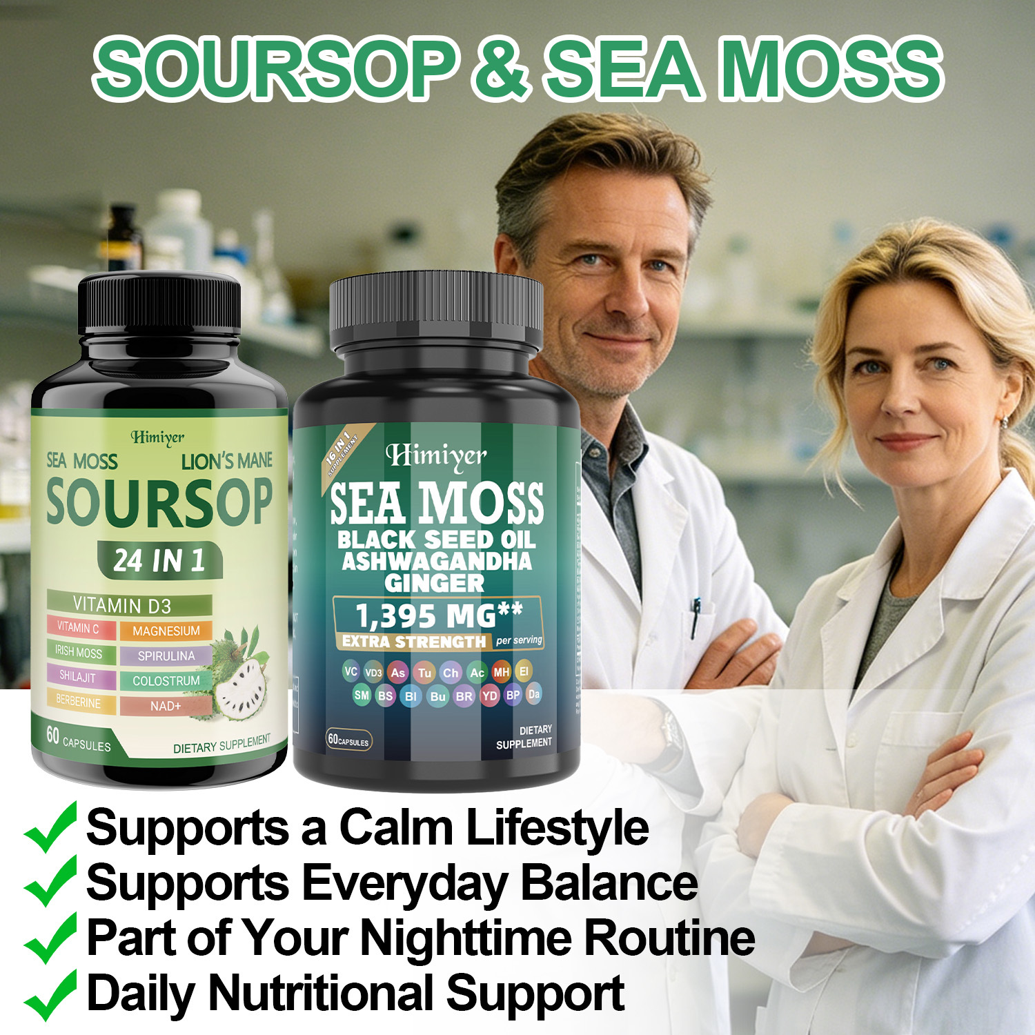 Himiyer 2 Bottles Soursop NAD+ & Sea Moss Daily Balance Capsules for Women & Men - Rhodiola Rosea, Ashwagandha, Shilajit, Berberine - Focus & Immune Health & Body Balance - Daily Gentle Lifestyle