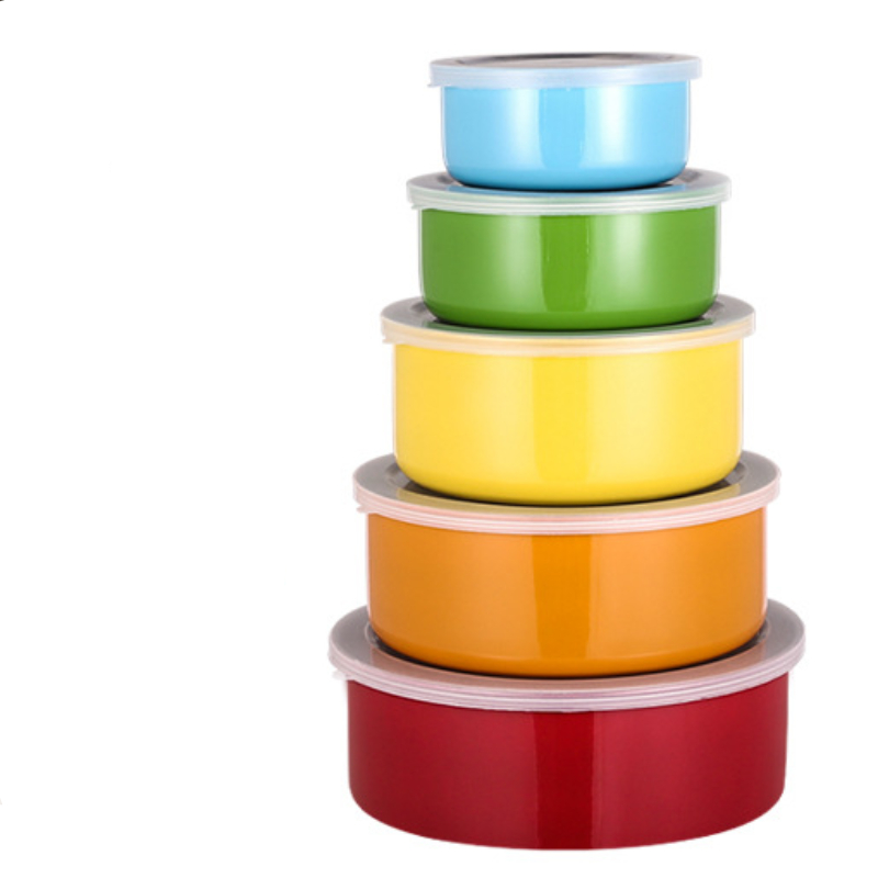 Image of Stainless Steel Food Storage -piece Set Kitchen Refrigerator Fresh-keeping Storage Jar Round With Lid Colorful Fresh-keeping Bowl Export Package