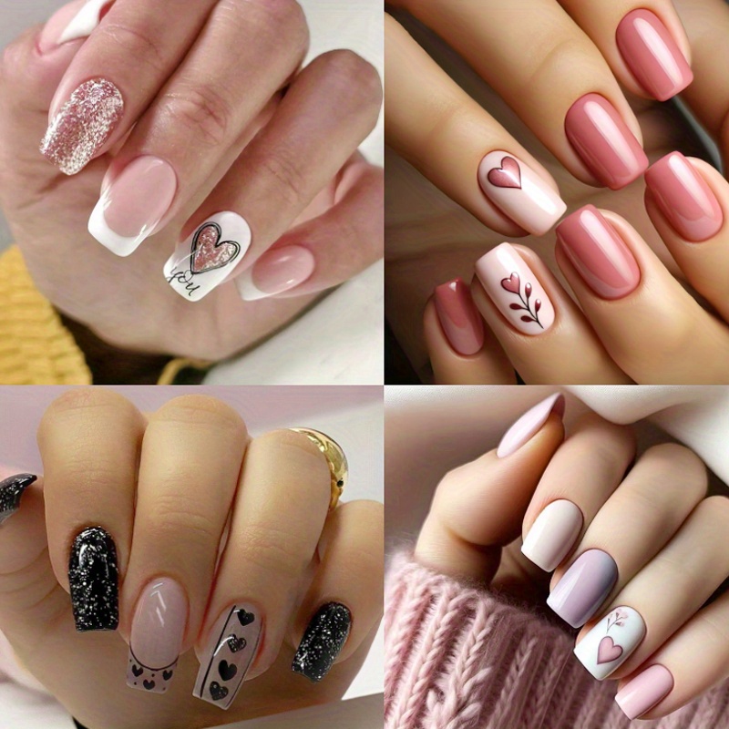 90pcs (4-pack) Valentine's Day Sparkling Nail Kit - Featuring A And Design With A Silvery End, Short Square Nails Are Easy To Apply And, And Reused By Women