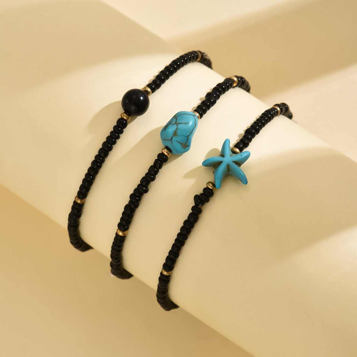 3 Pcs Women's Ankle Bracelets Set with Starfish & Turquoise Beads