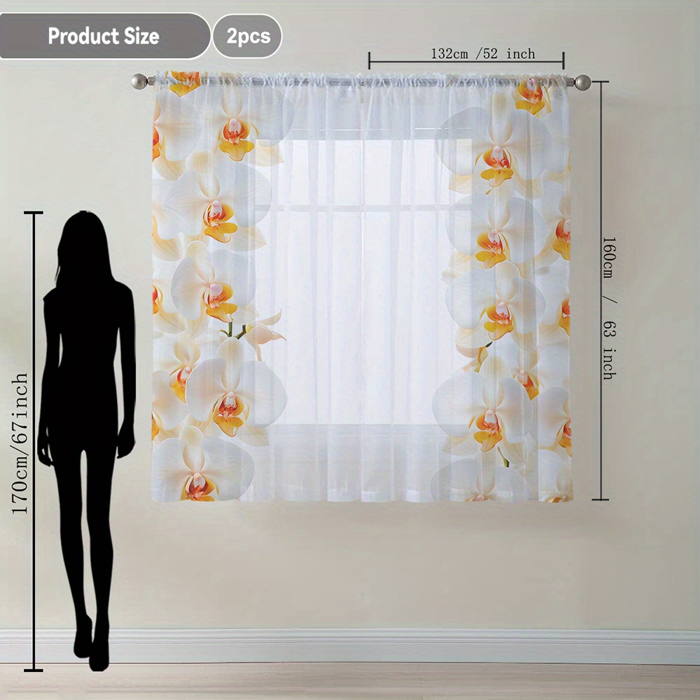 Image of 2pcs Home Decoration Screen Curtain, Orchid Flowing Window Screen Curtain On Sides, Suitable For Kitchen, Coffee Shop, Living Room, Dining Room, Balcony, Garden, Bedroom