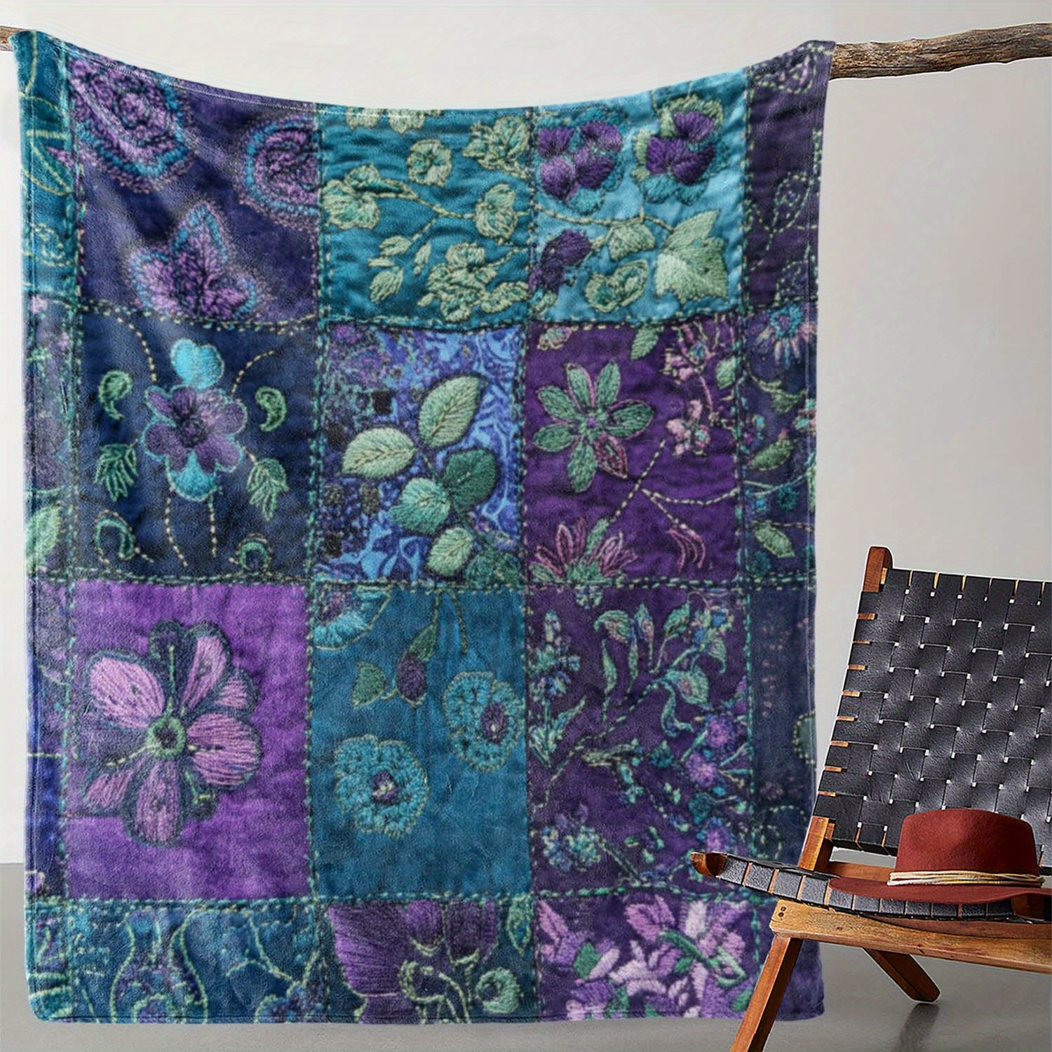 E-shop 1 Flanelldecke, Patchwork-Decke mit flachem 2D-Druck von Blumen Blättern, warme, gemütliche weiche Decke, geeignet für Sofa, Bett, Couch, Auto,