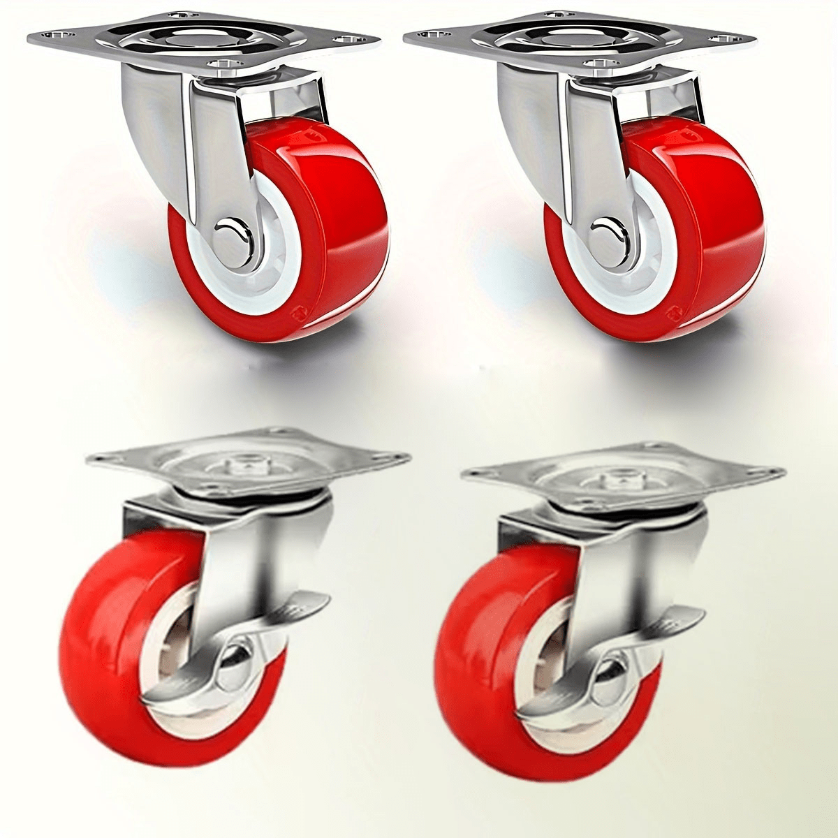 TEMU 4 roulettes pivotantes de 3,8 cm (1,5 pouce) avec pneus en polyuréthane rouge - avec frein, idéales pour meubles et applications industrielles,