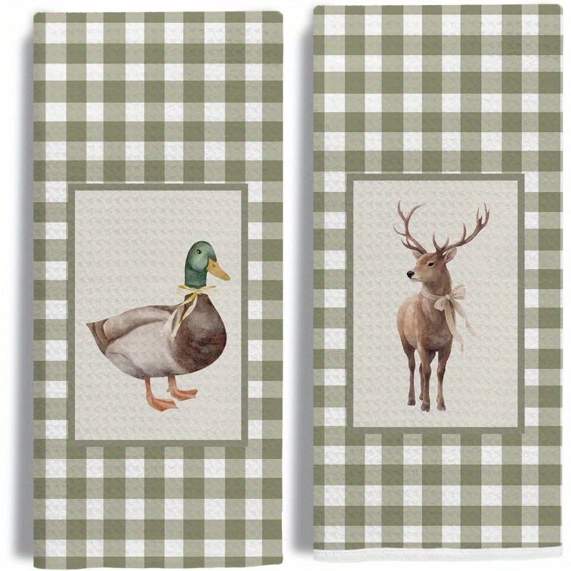 TEMU 2pcs 18x26 Inches Farmhouse Wild Duck And Deer Kitchen Towel Green Decorative Tea Towel, Wild Animal Kitchen Or Bathroom Hand Towel