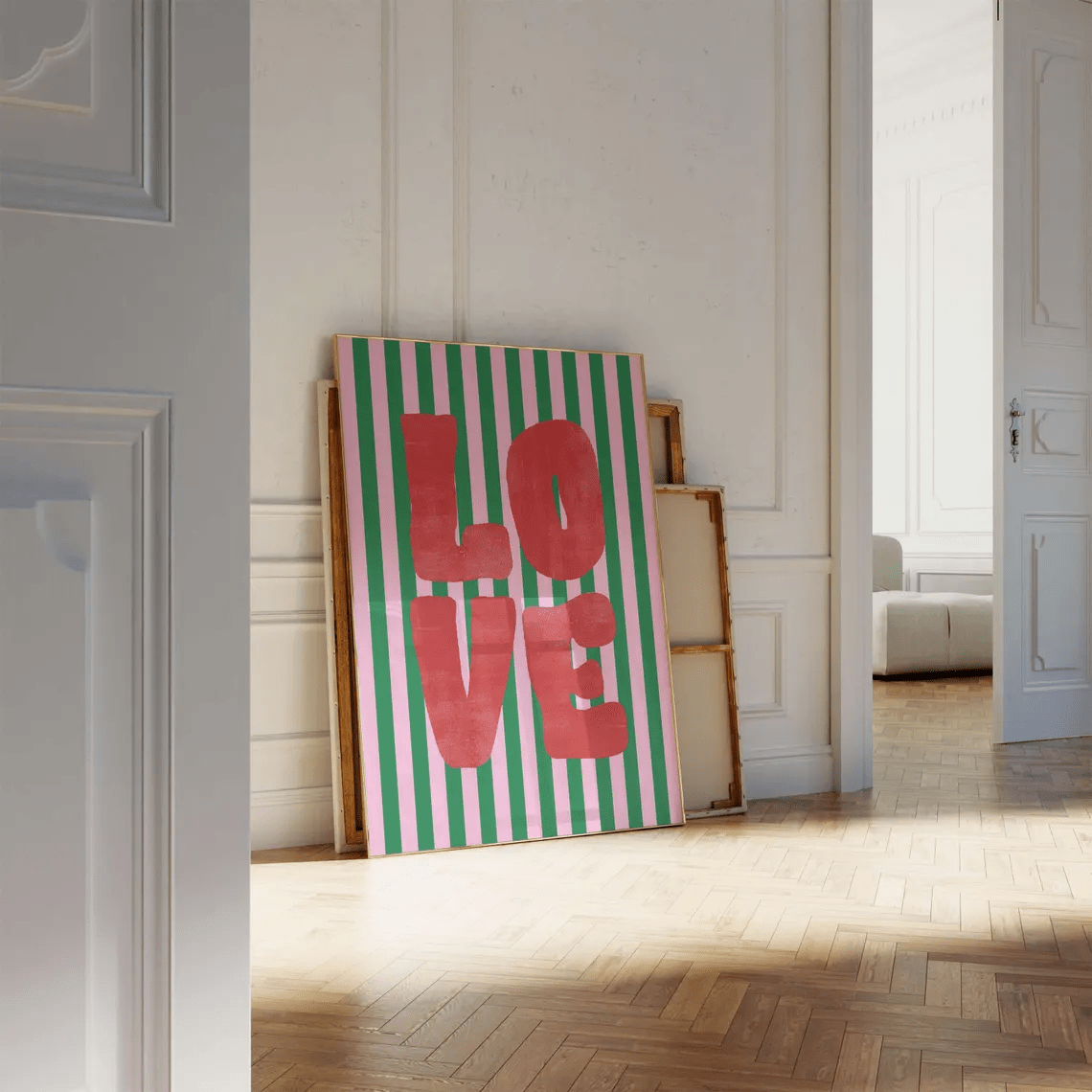 1pc, Wall Art, Vintage Poster, Art Print, Modern Pink And Green Striped Pop Canvas Painting, Bedroom Decor, Living Room Aesthetic Design, Gift For , Housewarming Gift, Unframed