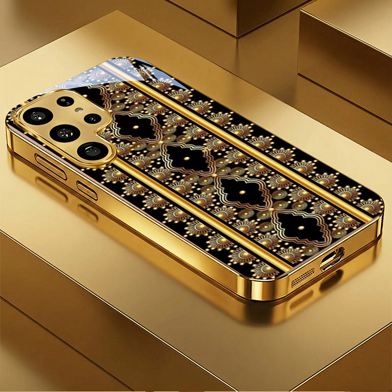 TEMU Phone Case: High-end Fashion Black Gold Engraved Vertical New Pattern Electroplated Gold Tempered Glass Phone Case For Galaxy S26/s26  /s26