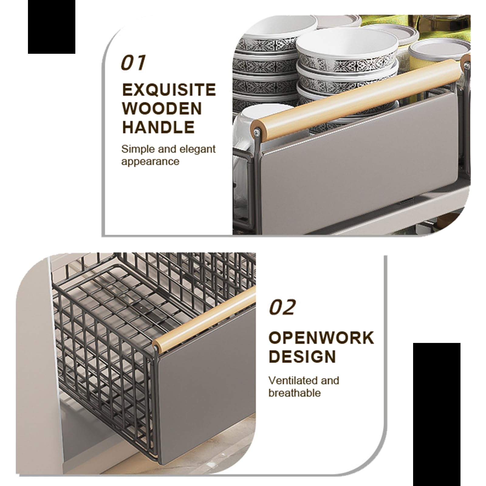 2pcs Metal Pull Out Cabinet Sliding Basket Organiser with Handle