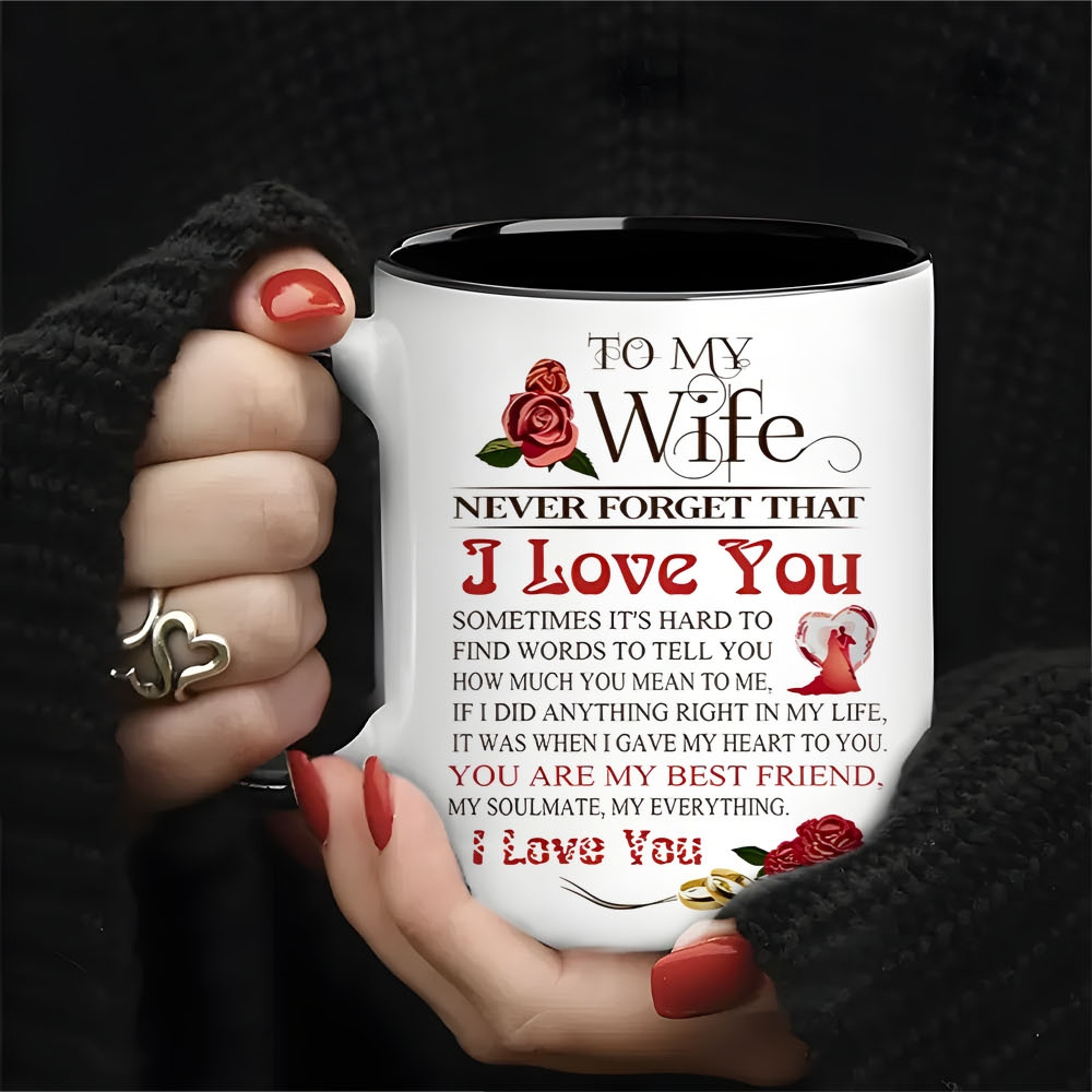 TEMU To My Wife Gift Mug - 11oz Cup With Romantic Message, Red Roses & Wedding Rings Design - White & For Anniversary, Valentine’s Day, Easter Gifts,