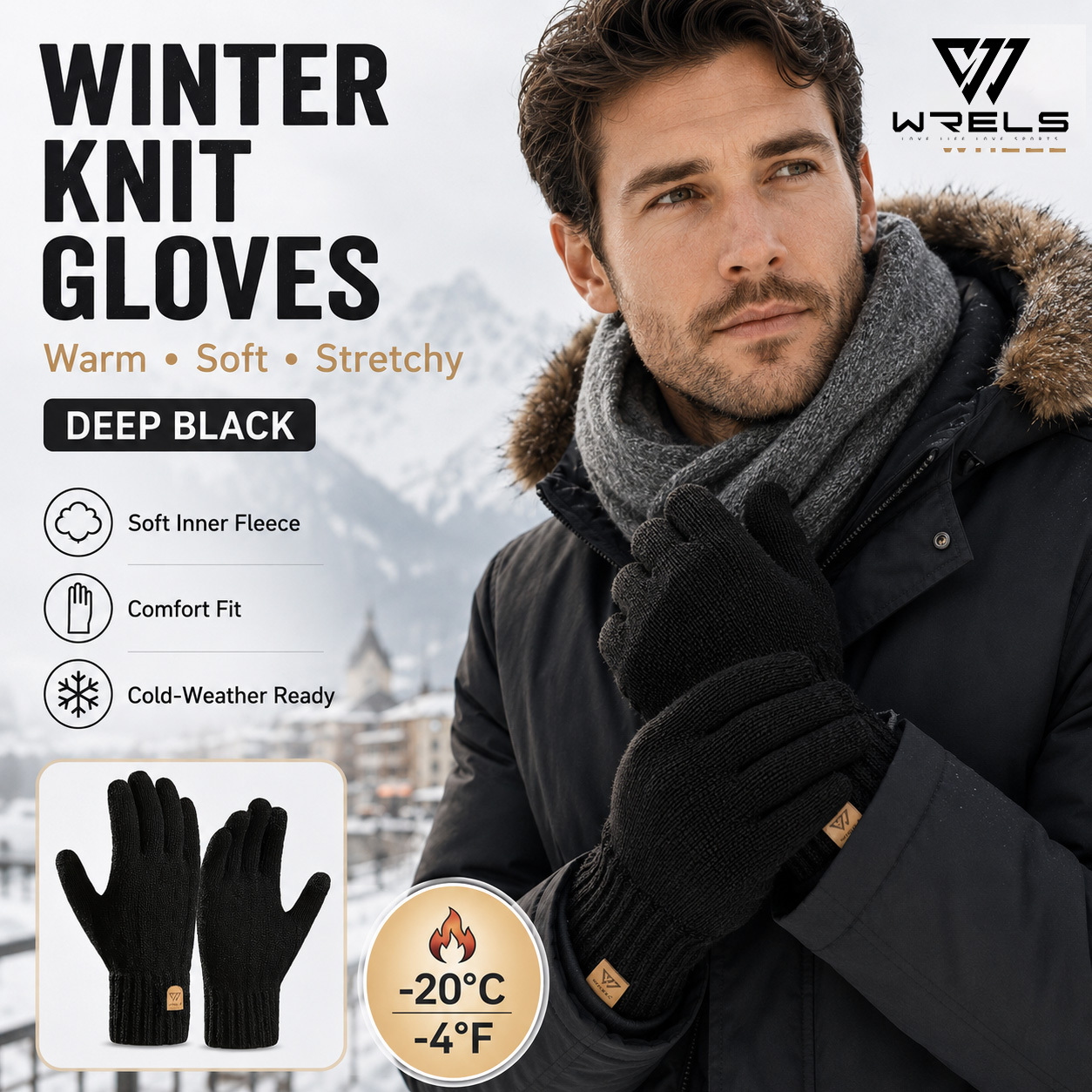 TEMU Wrels Men's Winter Gloves, Warm Fleece Lined Knitted Gloves, Soft Stretchy Thermal Gloves For Cold Weather, Comfortable Ribbed Cuff Outdoor
