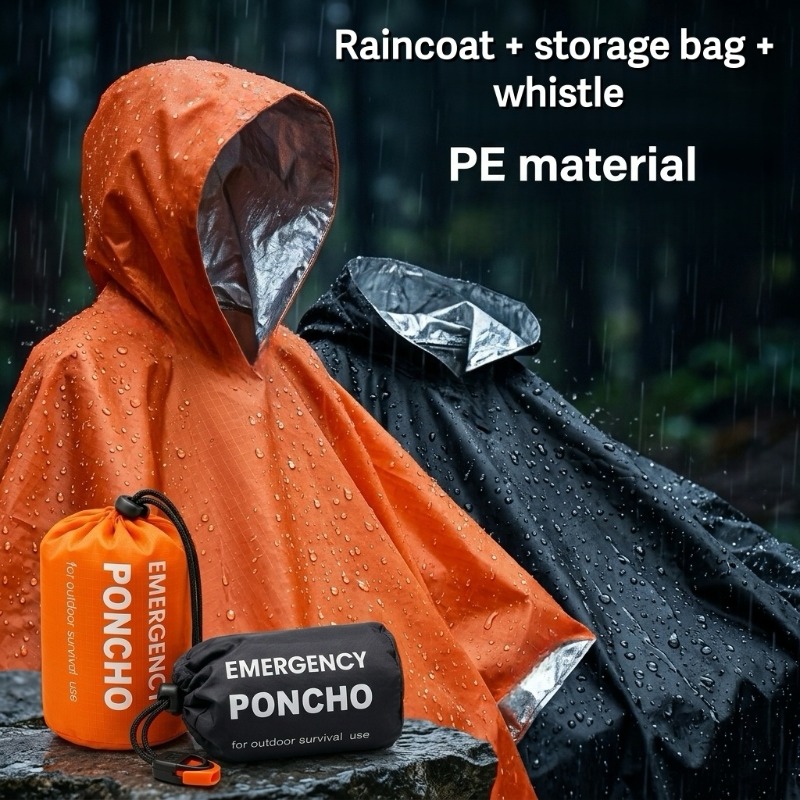 TEMU 2-pack Black And Orange Portable Pocket Raincoats With Whistle Storage Bag - Lightweight Emergency Ponchos For Outdoor Hiking, Camping, Cycling,