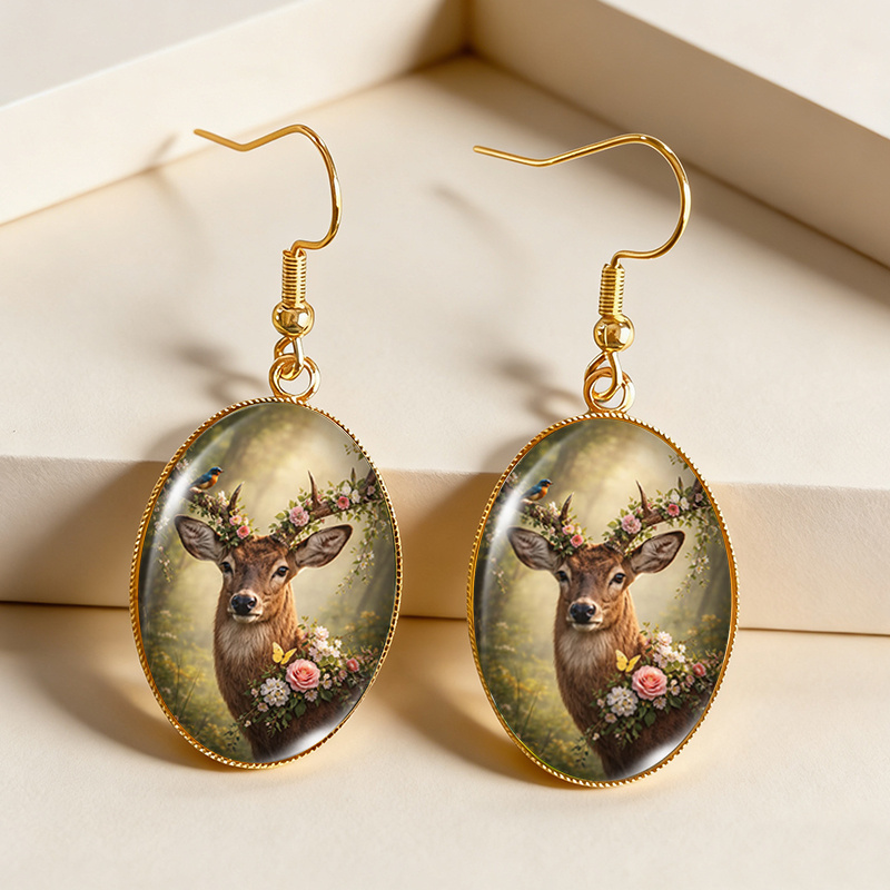 TEMU 1 Paire de Boucles d'Oreilles Fleur de Forêt, Boucles d'Oreilles Pendantes Ovale Dorées, Bijoux Tendance en Verre, Pile