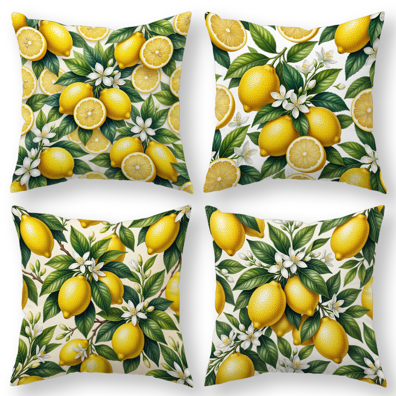 TEMU 4pcs Lemon & Lemon Throw Pillow Covers - Modern Citrus Print Cushion Cases With Zipper Closure, Yellow-green Decorative Shams Suitable For Sofa,