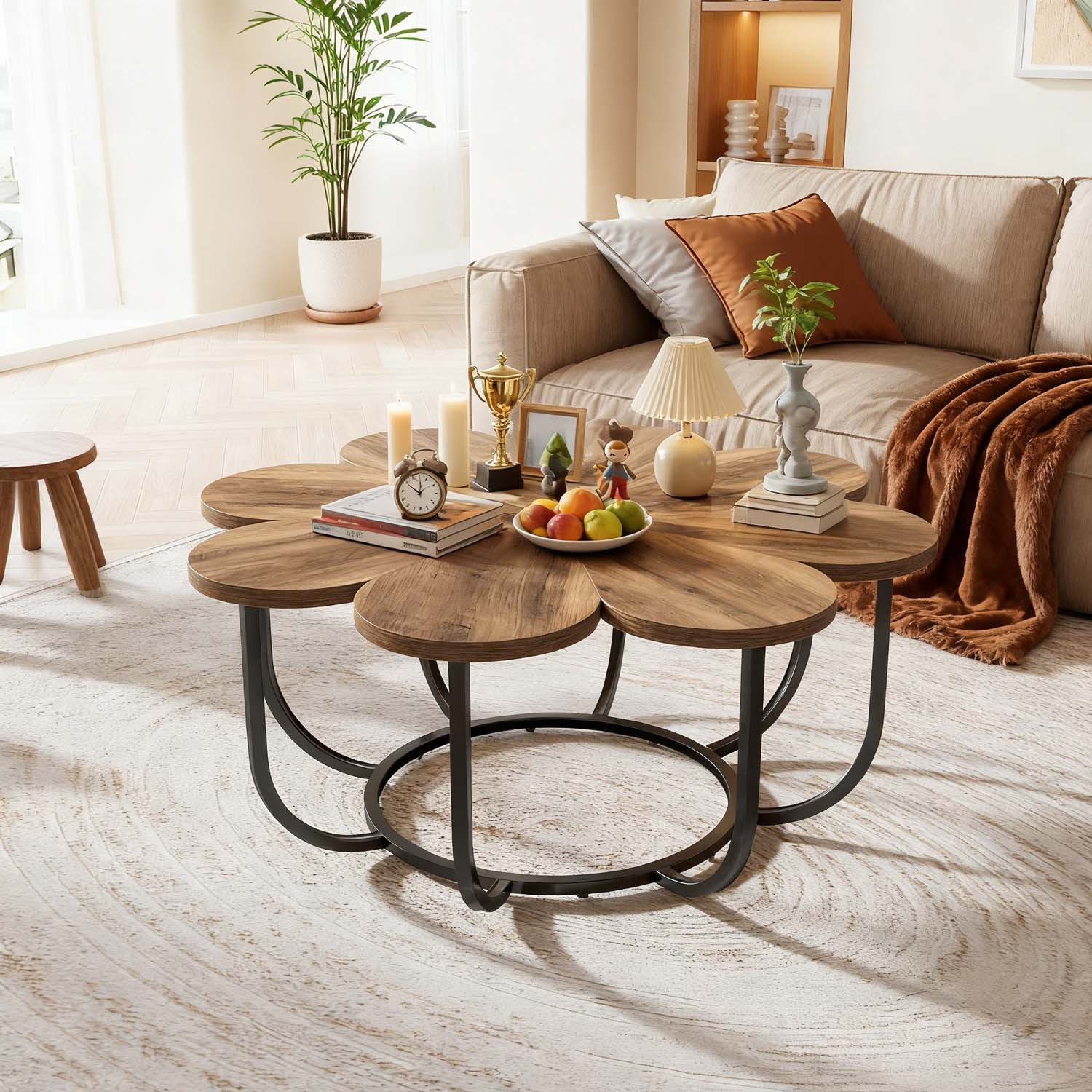 Flower-shaped Coffee Table, 100cm Faux Marble Large Accent Table With Metal Frame, Modern Sofa Table For Living Room, Brown And Black, Perfect For Christmas And Holiday Decorations