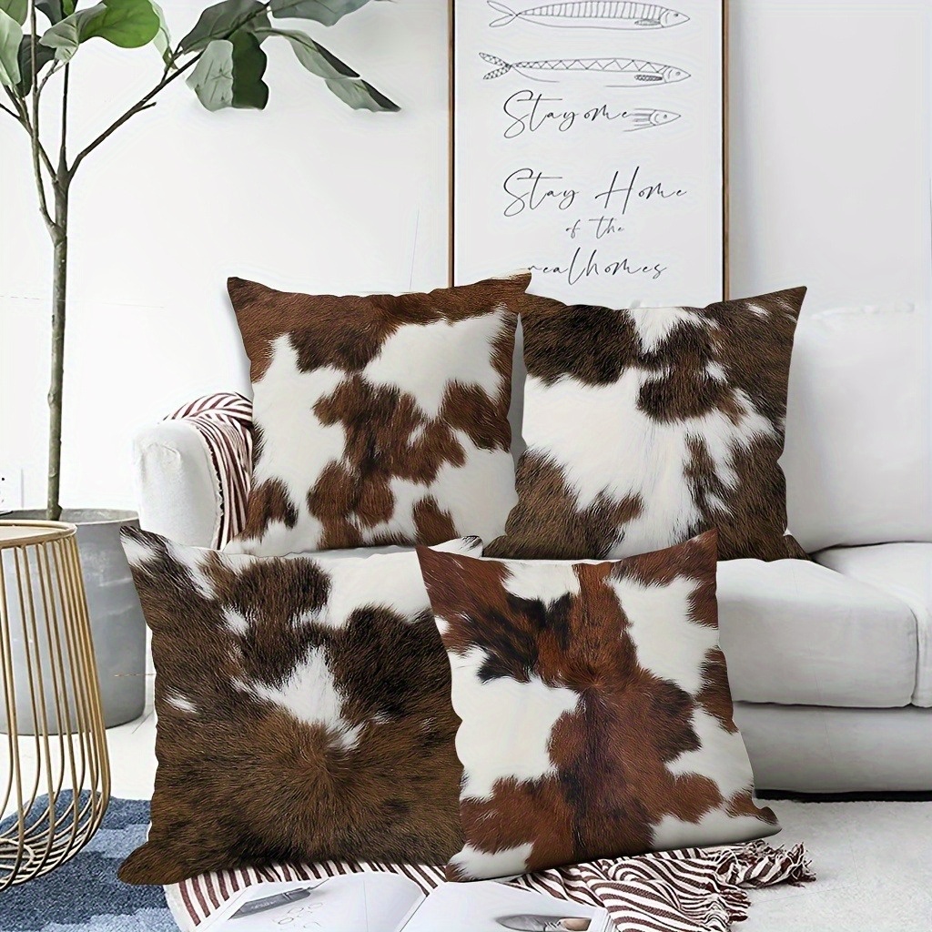 4pcs double sided cowhide print pillow covers soft plush retro animal print cushion cases with zipper closure machine washable multiple sizes for living room bedroom sofa decor farmhouse pillow covers bedroom accessories rustic home decor textured fabric 2d flat Product details 4