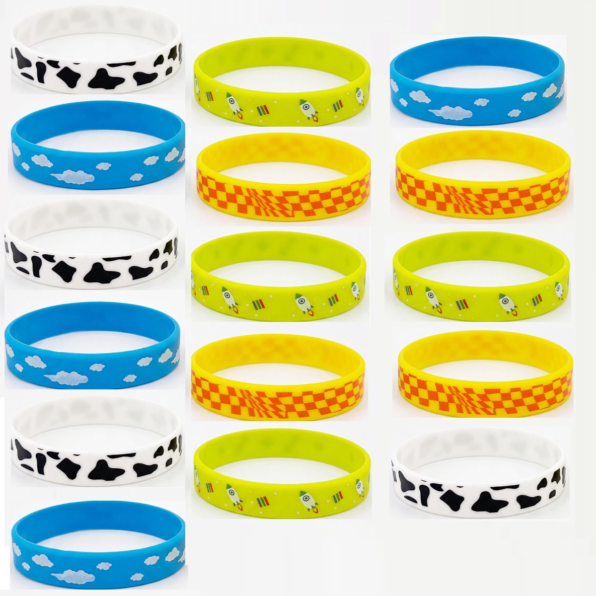 TEMU 16pcs Cute Pattern Silicone Wristbands, Cloud Cow Print Checkerboard Rocket Printed Silicone Bracelets, Birthday Party Favors, Fillers Carnival