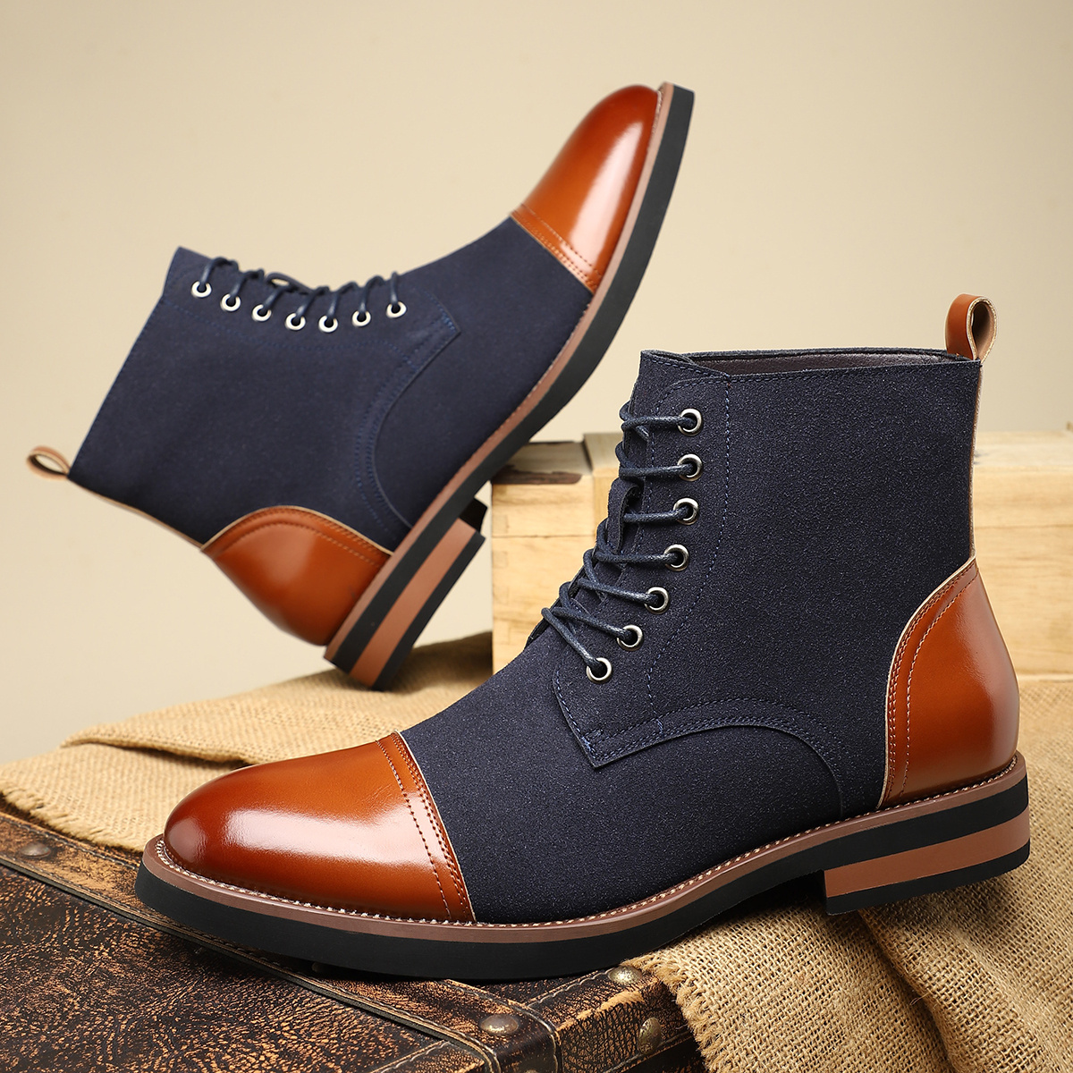   mens work boots business   spliced pu upper round toe flat heel rubber sole   calf lace up