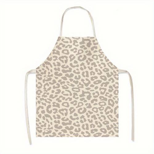item picture 1pc of linen sleeveless apron featuring a gray leopard print background suitable for home cooks baking cooking and use in kitchens and dining areas