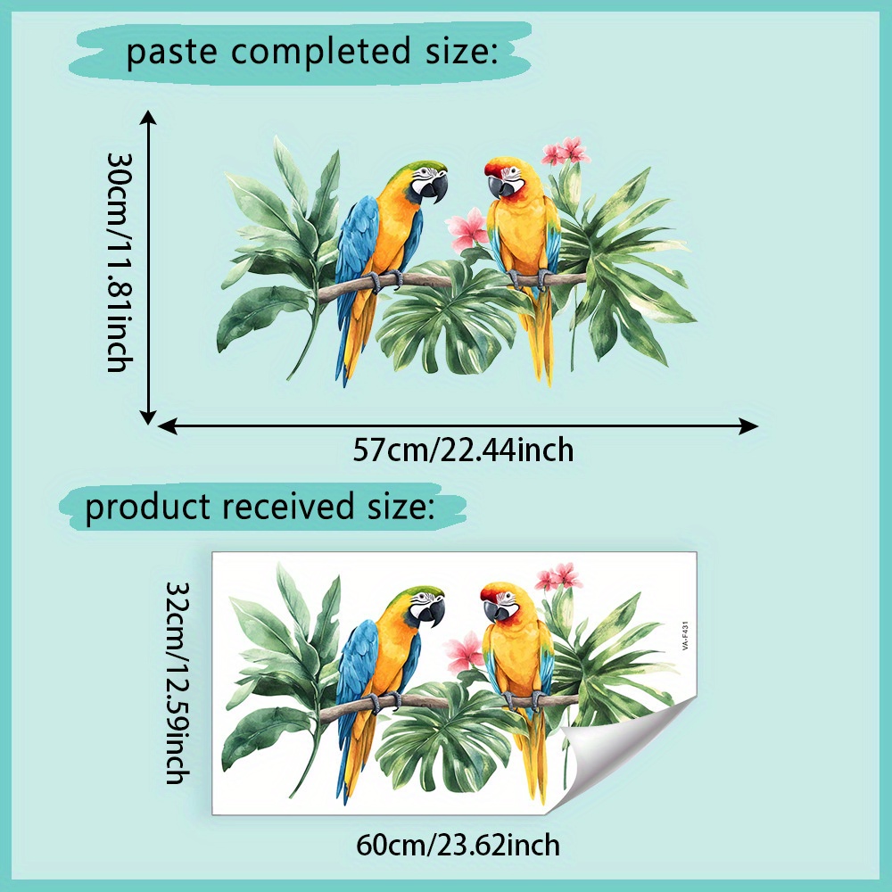 Image of 1pc, Colorful Twig Green Leaf Parrot Bird Pattern Wall Sticker, Home Decor Living Room Bedroom Dining Room Study Entrance Wall Decorative Sticker, Pvc Material Adhesive Removable, 32 X 60cm