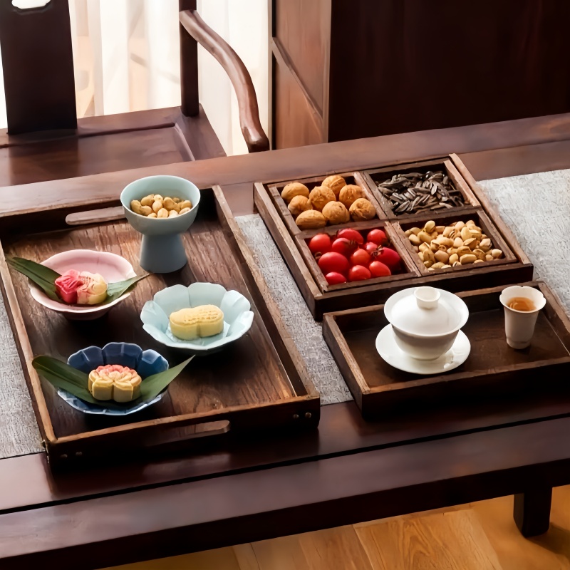 TEMU 7pcs Nesting Wooden Serving Trays Set - With Handles, Space- Saving Breakfast & Party Trays For Home Decor, Coffee Table, Rustic Farmhouse Style