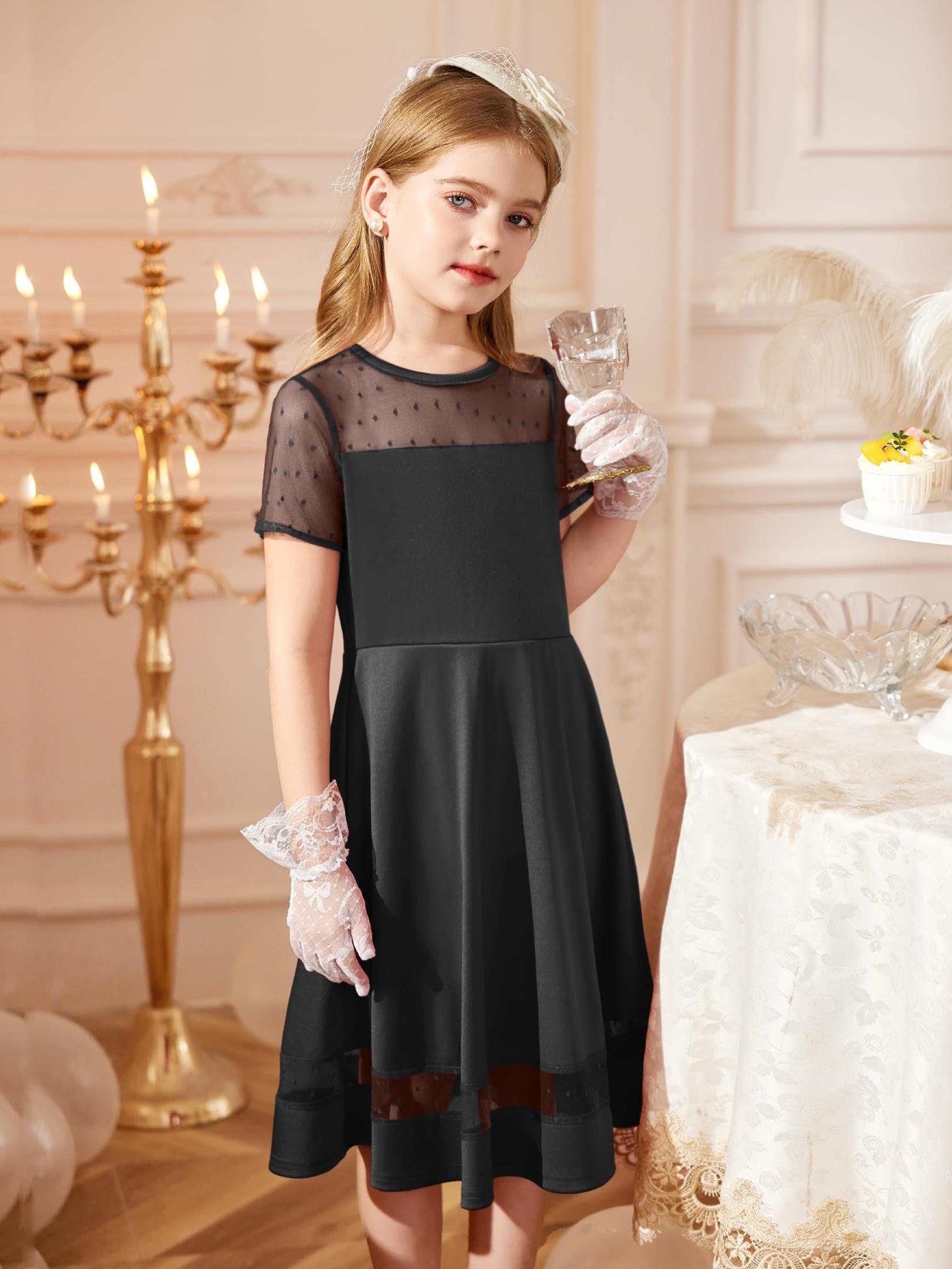 Tween Girls Dress Formal Contrast Mesh Short Sleeve A Line Party Dresses  with Pockets for 5-12 Years