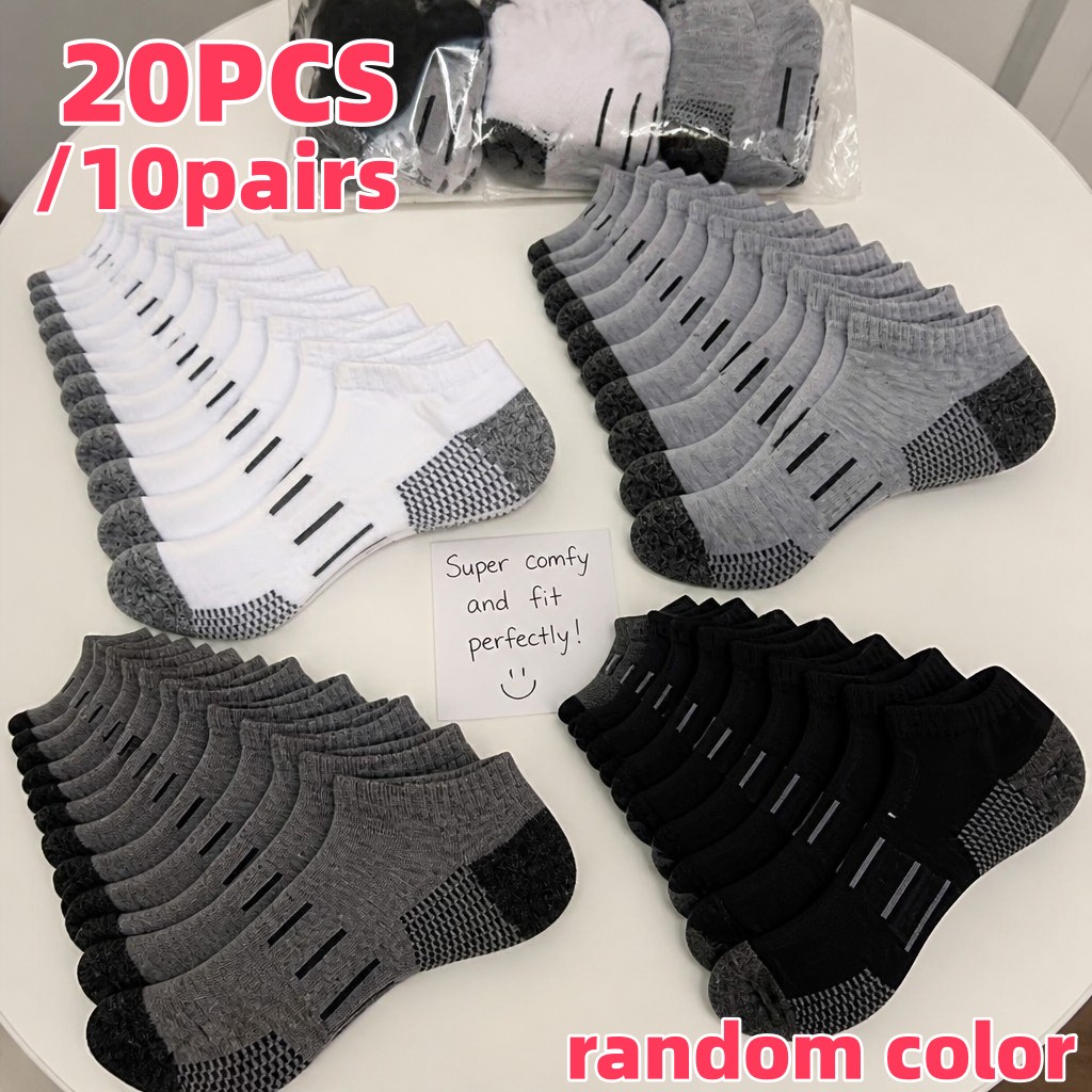 TEMU 20pcs/10 Pairs Plus Size Men's Sports Socks, Women's Socks, Assorted Colors, Stretch Ribbed Top, Arch Support, Breathable Design, Suitable For