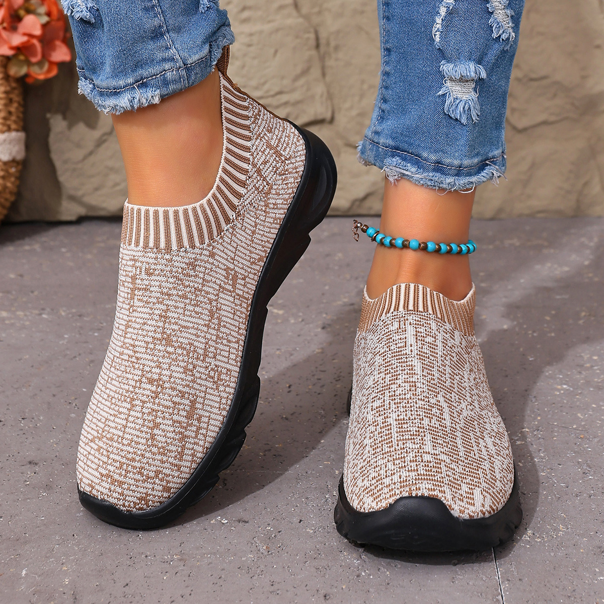 TEMU Sneakers, New Knitted Breathable Casual Shoes 1pc Sole Anti-slip Senior Health Walking Shoes