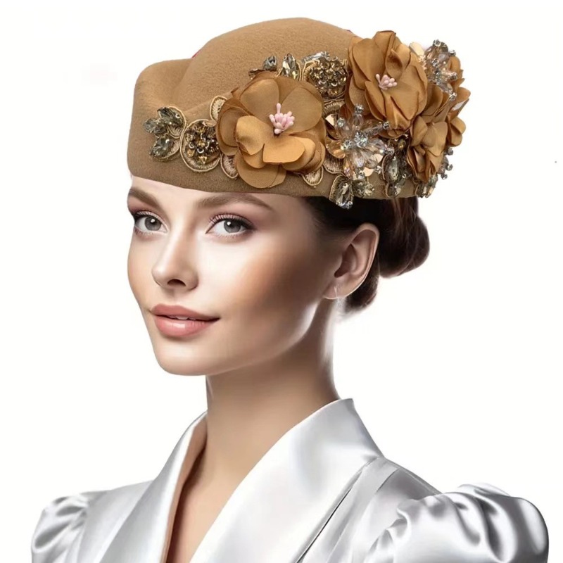 TEMU 1pc Vintage British Fleece Felt Church Derby Headpiece For Women - Elegant Floral & /brown/green/red/orange/pink - Soft Non-stretch Felt For