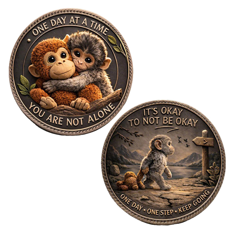 TEMU Replica Coin 1pc Cute Monkey Motivational Coin - "" & " Okay To Not " Challenge Token Suitable For Collection, Gifts, Mental Awareness, Daily