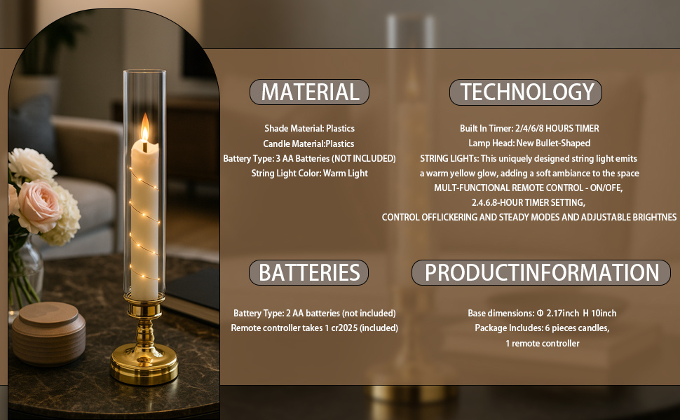 4 stuks Vlamloze Kaarsen met Afstandsbediening | Werkt op 2*AAA Batterijen (Niet Inbegrepen), Flikkerende LED Romantische Kaarsen met Ingebouwde Sterren, Goudkleurig, Plastic, Verstelbare Verlichting, voor Bruiloft, Huis Tafel, Raam, Slaapkamer, Binnen - HOTU