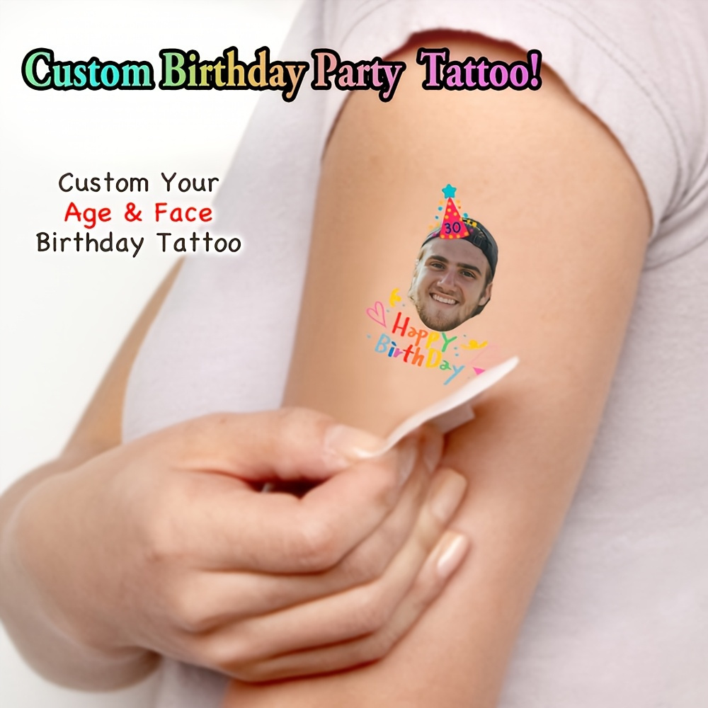 TEMU 16pcs Custom Happy Birthday Temporary Tattoo Set - Customizable Portrait And Number On Hat, Colorful Party Hat Design, Suitable For Celebrations