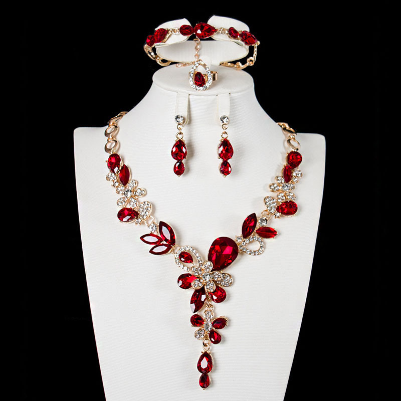 

5pcs Luxury Red & Clear Gemstone Jewelry Set For Women - Floral Drop Necklace, Dangle Earrings, Adjustable Bracelet, Ring - Ideal For Weddings, , Formal Events & Gifting, Vintage Jewelry