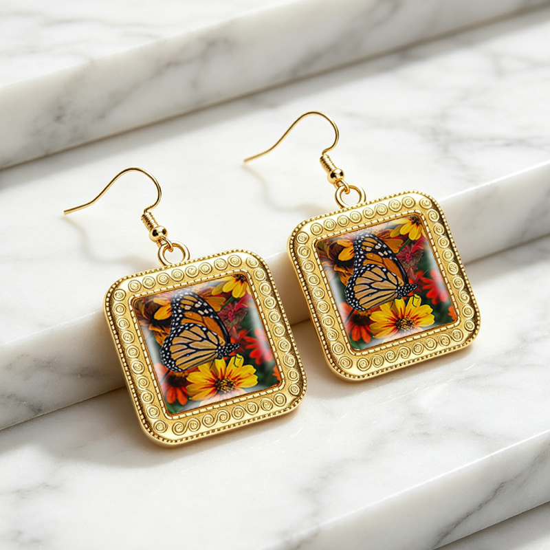Monarch Butterfly on Bright Flowers Square Glass Dangle Earrings