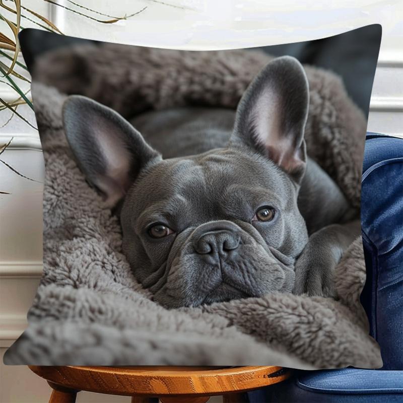 TEMU 1pc French Bulldog Plush Pillowcase - 17.7 X 17.7 Inch Soft Blanket Style With Single-sided Printed Design, Zipper Closure, Suitable For Living