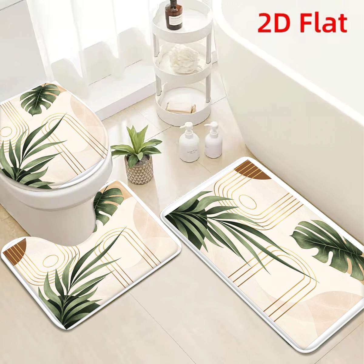 TEMU 2d Flat 3pcs Abstract Tropical Leaves Golden Geometric Pattern Flannel Antislip Toilet Mat Absorbent Washable Decorative Bathroom Home Rug Set,