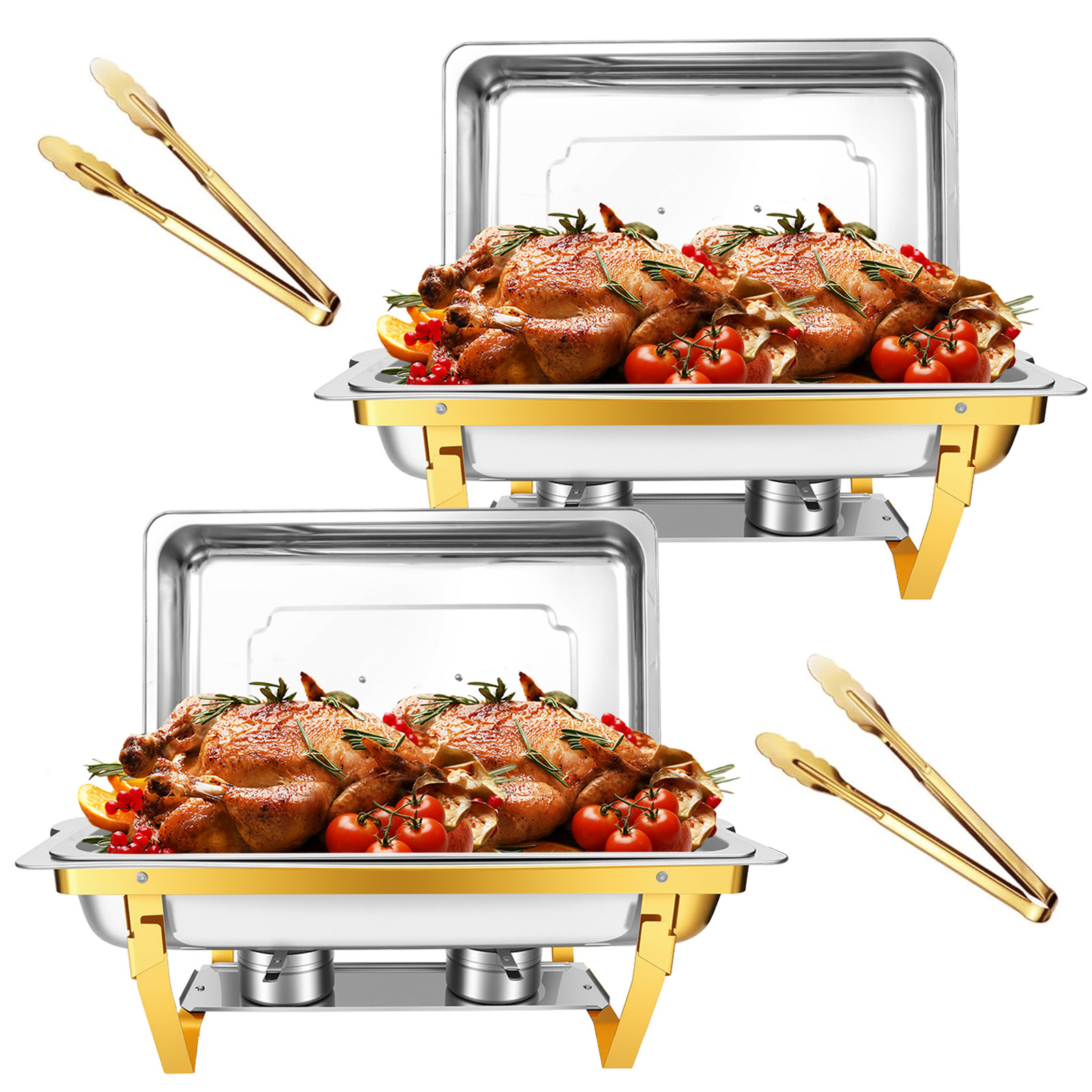 Image of 9qt Chafing Dishes With Food Clamps, 2pack Or 4pack, Sturdy Buffet Food Warmers, Elegant Golden And Silver Colors, Complete Set, Cooking