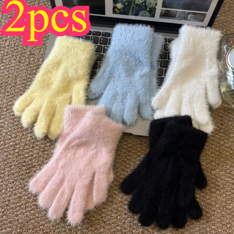 TEMU 2pcs Gants en peluche style et de couleur unie pour femmes, gants chauds et mignons doigts en pour et l'hiver, résistants au froid, gants chauds