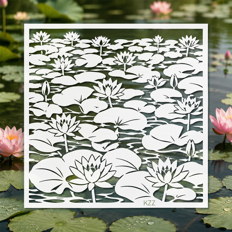 TEMU Kzz 1pc Reusable Full Lotus Pond Stencil, Oriental Water Lily Lake Landscape Template With Dense Blooming Lotus Flowers, Tender Lotus Buds &