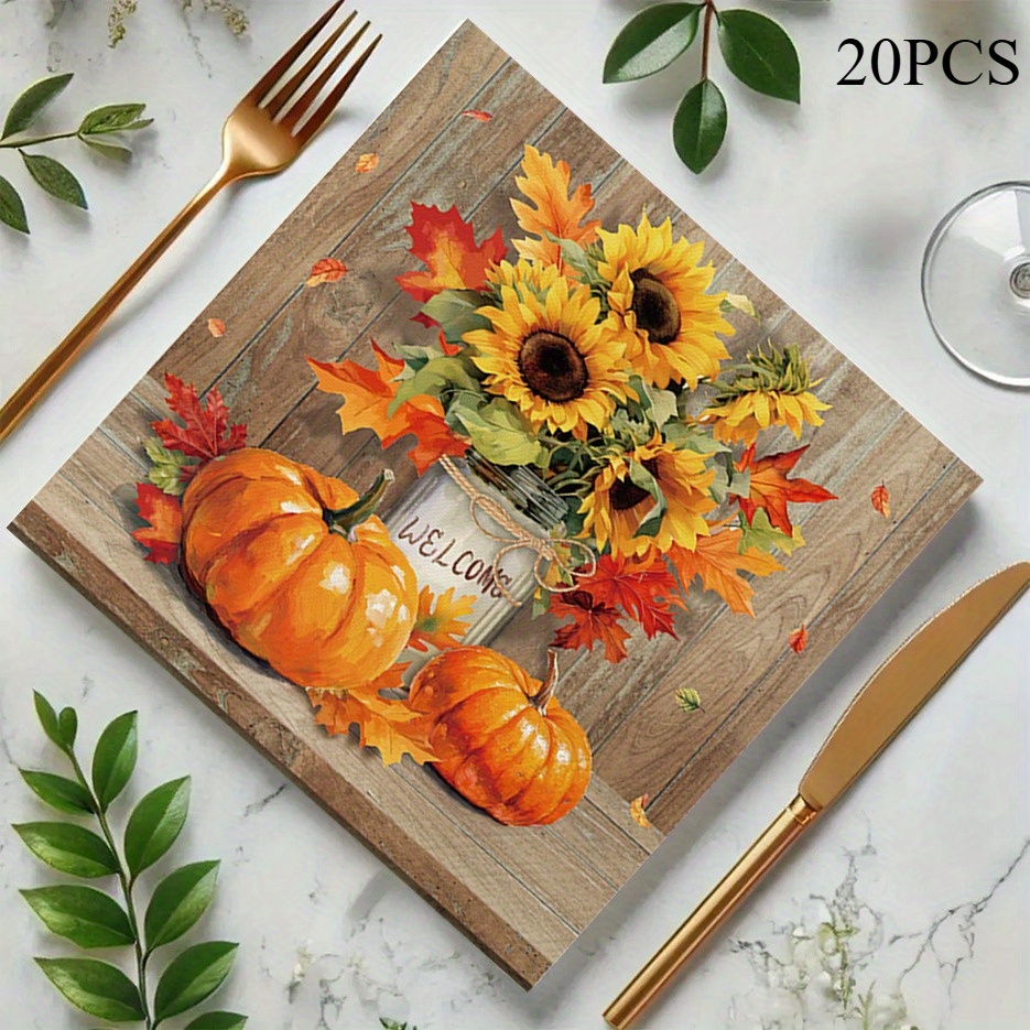 Image of 20-pack Rustic Pumpkin And Sunflower Themed Disposable Napkins, Thanksgiving Party Supplies, Suitable For Thanksgiving, Family Dinners, Holiday Decorations, And Parties For Halloween、christmas