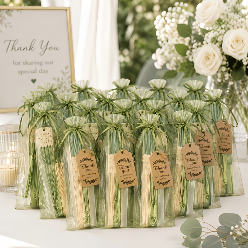 TEMU Juego de 36 abanicos de plegables verdes para boda, 9 bolsas de malla, 9 etiquetas de agradecimiento, 9 abanicos y 9 borlas. Adecuados para