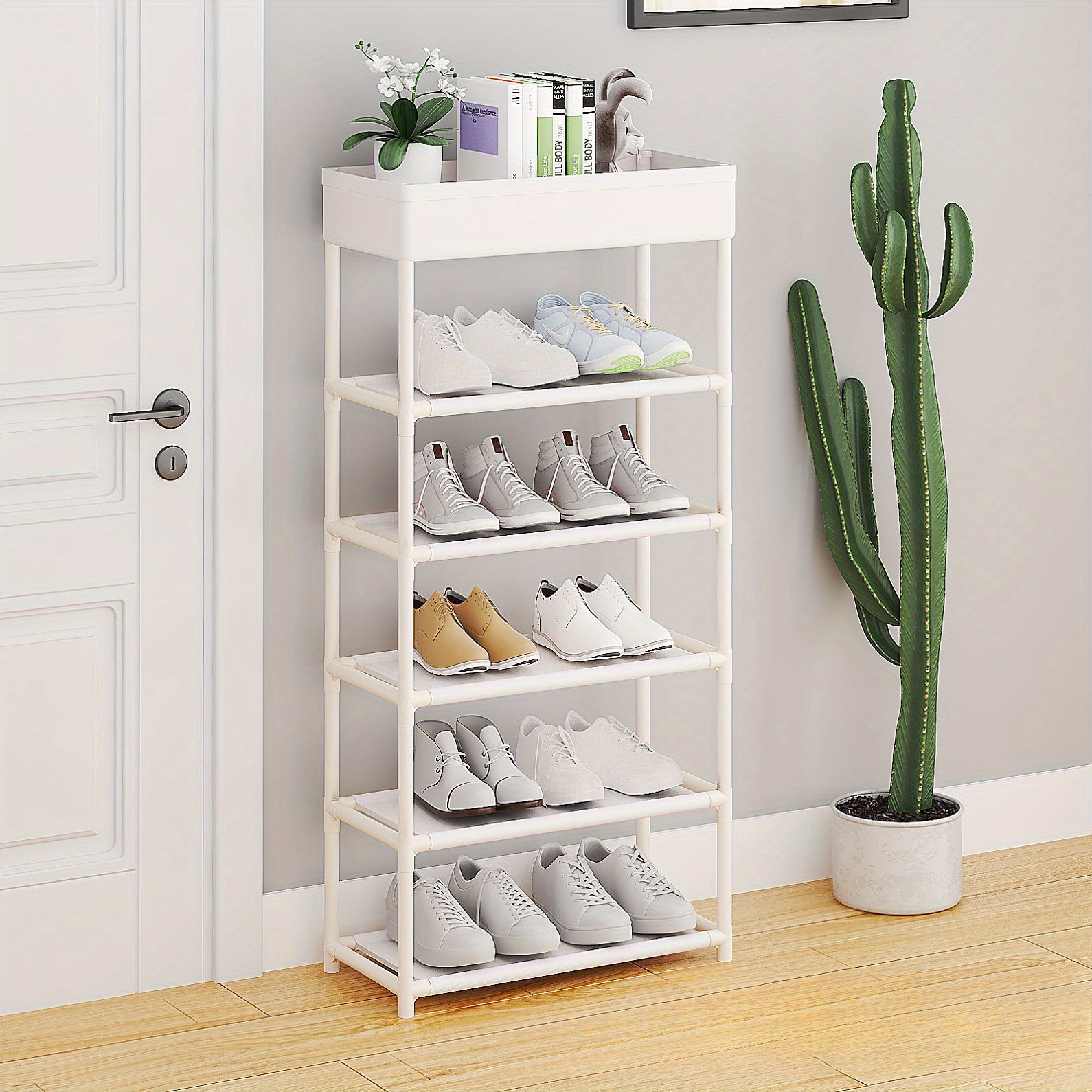 space saving shoe rack organizer   plastic floor standing for entryway closet bedroom storage details 2