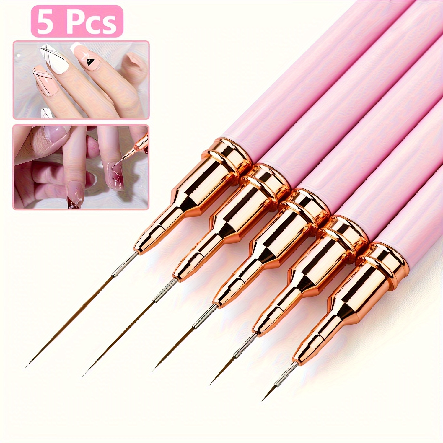 TEMU 5pcs Pink Nail Brush Set | Gel Polish Special Precision Detail & Nail Enhancement Tool 4/8/12/20/25mm Brush Heads Acetone-free Suitable For Long Nails