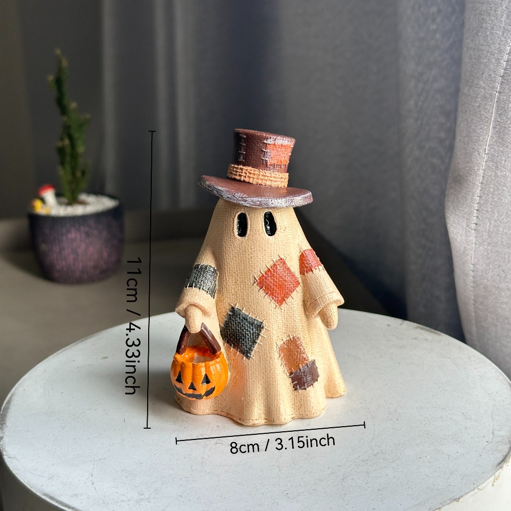 TEMU Figurine en résine patchwork vintage, ornement de bureau sur le thème d'Halloween avec haut-de- et seau à citrouilles, décoration texturée toile