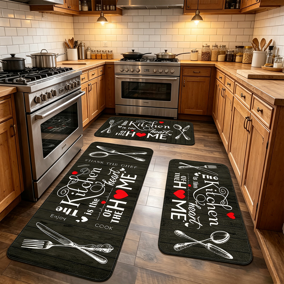 TEMU 3pcs Rustic Kitchen Rugs Set, Black Wood Grain Kitchen Quote Utensil Print Non-slip Standing Floor Mats, Mats For Kitchen, Dining, Laundry,